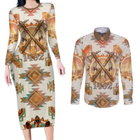 Native American Headdress and Tomahawk Couples Matching Long Sleeve Bodycon Dress and Long Sleeve Button Shirt with 1492 Symbolic Date Traditional Feather Motif Indigenous Heritage - Wonder Print Shop