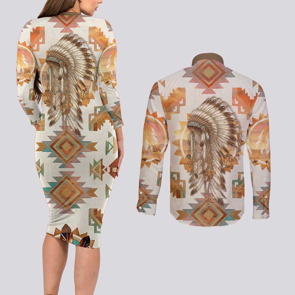 Native American Headdress and Tomahawk Couples Matching Long Sleeve Bodycon Dress and Long Sleeve Button Shirt with 1492 Symbolic Date Traditional Feather Motif Indigenous Heritage - Wonder Print Shop