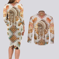 Native American Headdress and Tomahawk Couples Matching Long Sleeve Bodycon Dress and Long Sleeve Button Shirt with 1492 Symbolic Date Traditional Feather Motif Indigenous Heritage - Wonder Print Shop