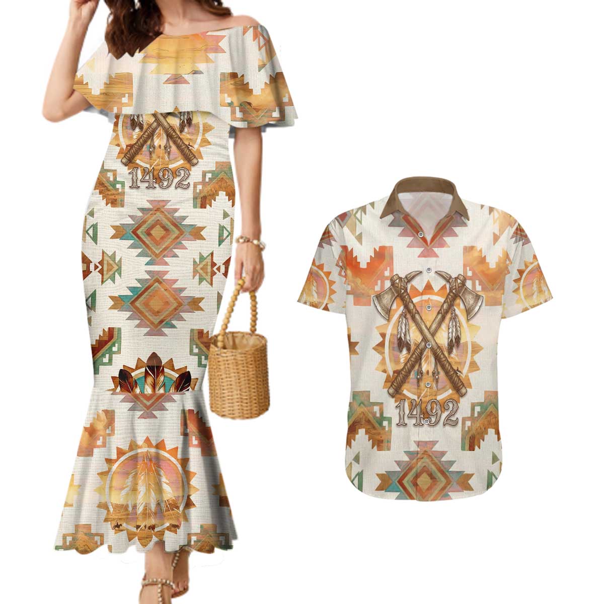 Native American Headdress and Tomahawk Couples Matching Mermaid Dress and Hawaiian Shirt with 1492 Symbolic Date Traditional Feather Motif Indigenous Heritage - Wonder Print Shop