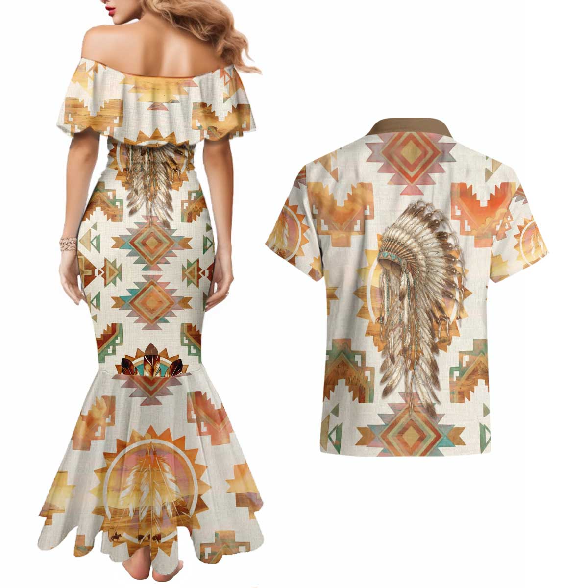 Native American Headdress and Tomahawk Couples Matching Mermaid Dress and Hawaiian Shirt with 1492 Symbolic Date Traditional Feather Motif Indigenous Heritage - Wonder Print Shop