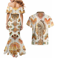 Native American Headdress and Tomahawk Couples Matching Mermaid Dress and Hawaiian Shirt with 1492 Symbolic Date Traditional Feather Motif Indigenous Heritage - Wonder Print Shop