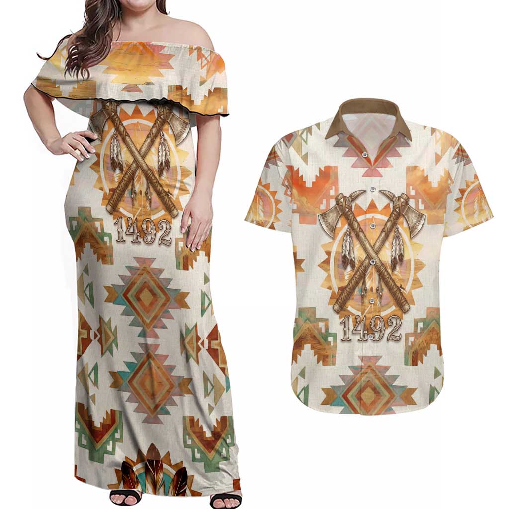 Native American Headdress and Tomahawk Couples Matching Off Shoulder Maxi Dress and Hawaiian Shirt with 1492 Symbolic Date Traditional Feather Motif Indigenous Heritage - Wonder Print Shop