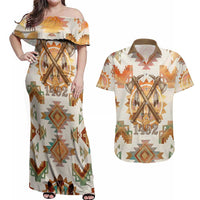 Native American Headdress and Tomahawk Couples Matching Off Shoulder Maxi Dress and Hawaiian Shirt with 1492 Symbolic Date Traditional Feather Motif Indigenous Heritage - Wonder Print Shop