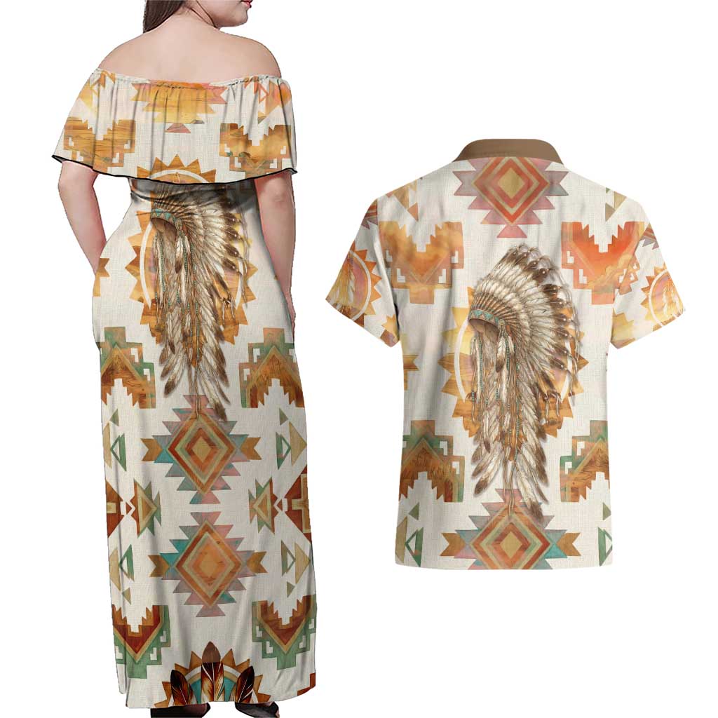 Native American Headdress and Tomahawk Couples Matching Off Shoulder Maxi Dress and Hawaiian Shirt with 1492 Symbolic Date Traditional Feather Motif Indigenous Heritage - Wonder Print Shop
