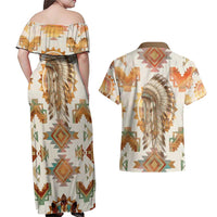 Native American Headdress and Tomahawk Couples Matching Off Shoulder Maxi Dress and Hawaiian Shirt with 1492 Symbolic Date Traditional Feather Motif Indigenous Heritage - Wonder Print Shop