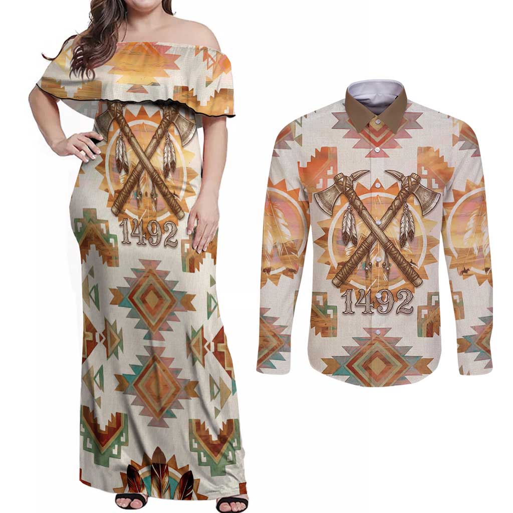 Native American Headdress and Tomahawk Couples Matching Off Shoulder Maxi Dress and Long Sleeve Button Shirt with 1492 Symbolic Date Traditional Feather Motif Indigenous Heritage - Wonder Print Shop
