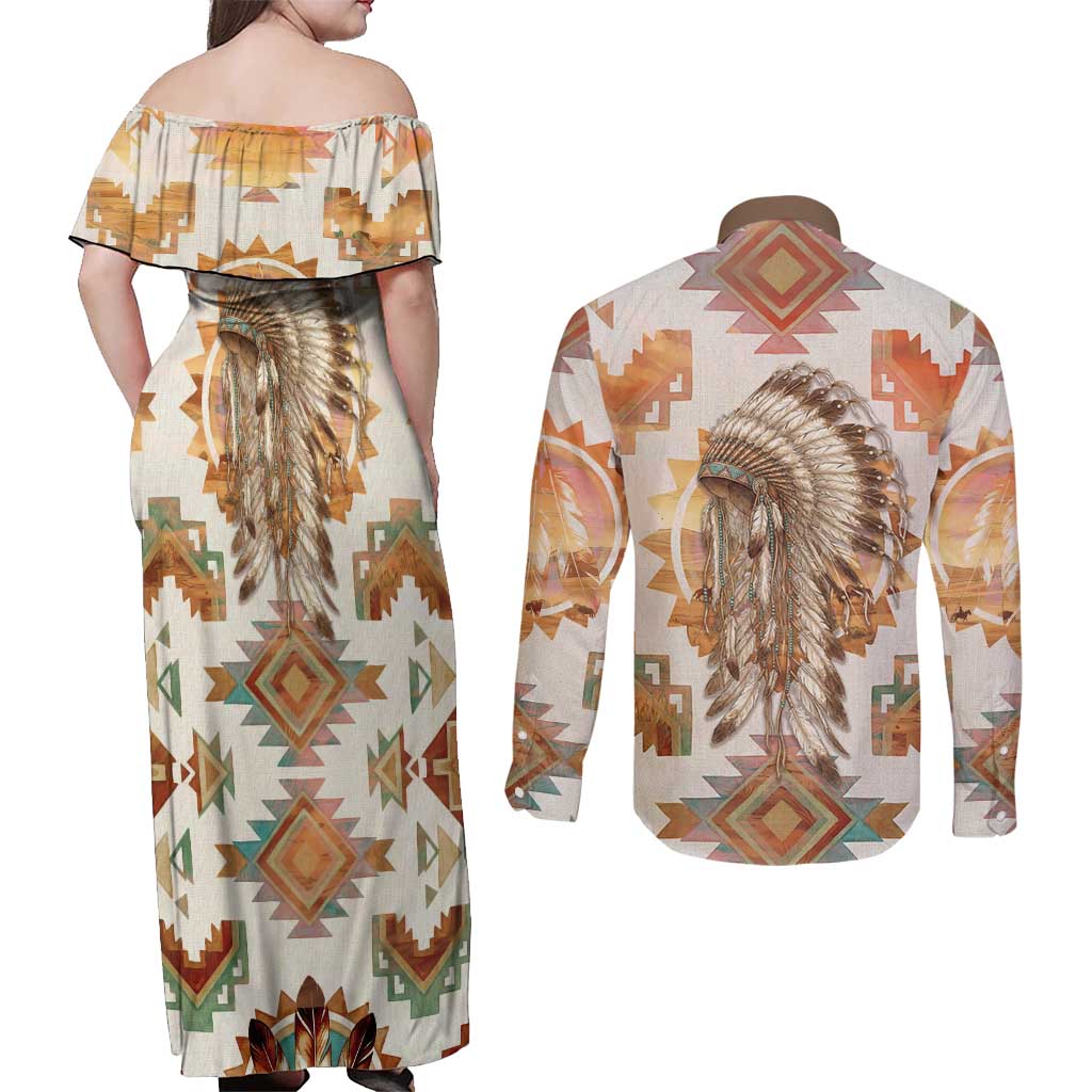 Native American Headdress and Tomahawk Couples Matching Off Shoulder Maxi Dress and Long Sleeve Button Shirt with 1492 Symbolic Date Traditional Feather Motif Indigenous Heritage - Wonder Print Shop