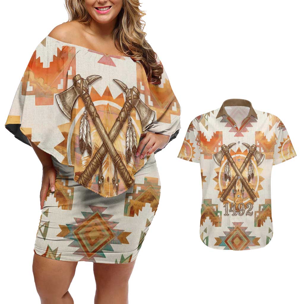 Native American Headdress and Tomahawk Couples Matching Off Shoulder Short Dress and Hawaiian Shirt with 1492 Symbolic Date Traditional Feather Motif Indigenous Heritage - Wonder Print Shop