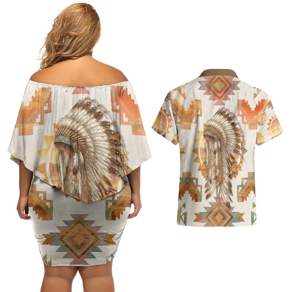 Native American Headdress and Tomahawk Couples Matching Off Shoulder Short Dress and Hawaiian Shirt with 1492 Symbolic Date Traditional Feather Motif Indigenous Heritage - Wonder Print Shop