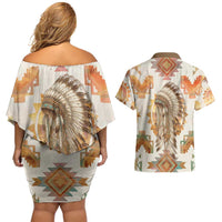 Native American Headdress and Tomahawk Couples Matching Off Shoulder Short Dress and Hawaiian Shirt with 1492 Symbolic Date Traditional Feather Motif Indigenous Heritage - Wonder Print Shop