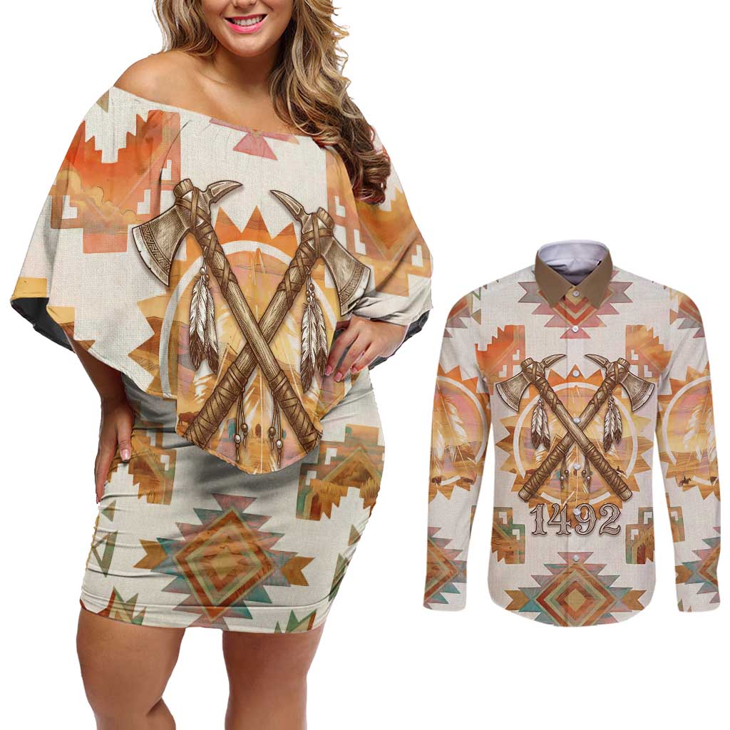 Native American Headdress and Tomahawk Couples Matching Off Shoulder Short Dress and Long Sleeve Button Shirt with 1492 Symbolic Date Traditional Feather Motif Indigenous Heritage - Wonder Print Shop