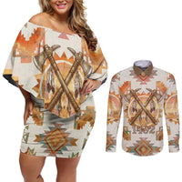 Native American Headdress and Tomahawk Couples Matching Off Shoulder Short Dress and Long Sleeve Button Shirt with 1492 Symbolic Date Traditional Feather Motif Indigenous Heritage - Wonder Print Shop