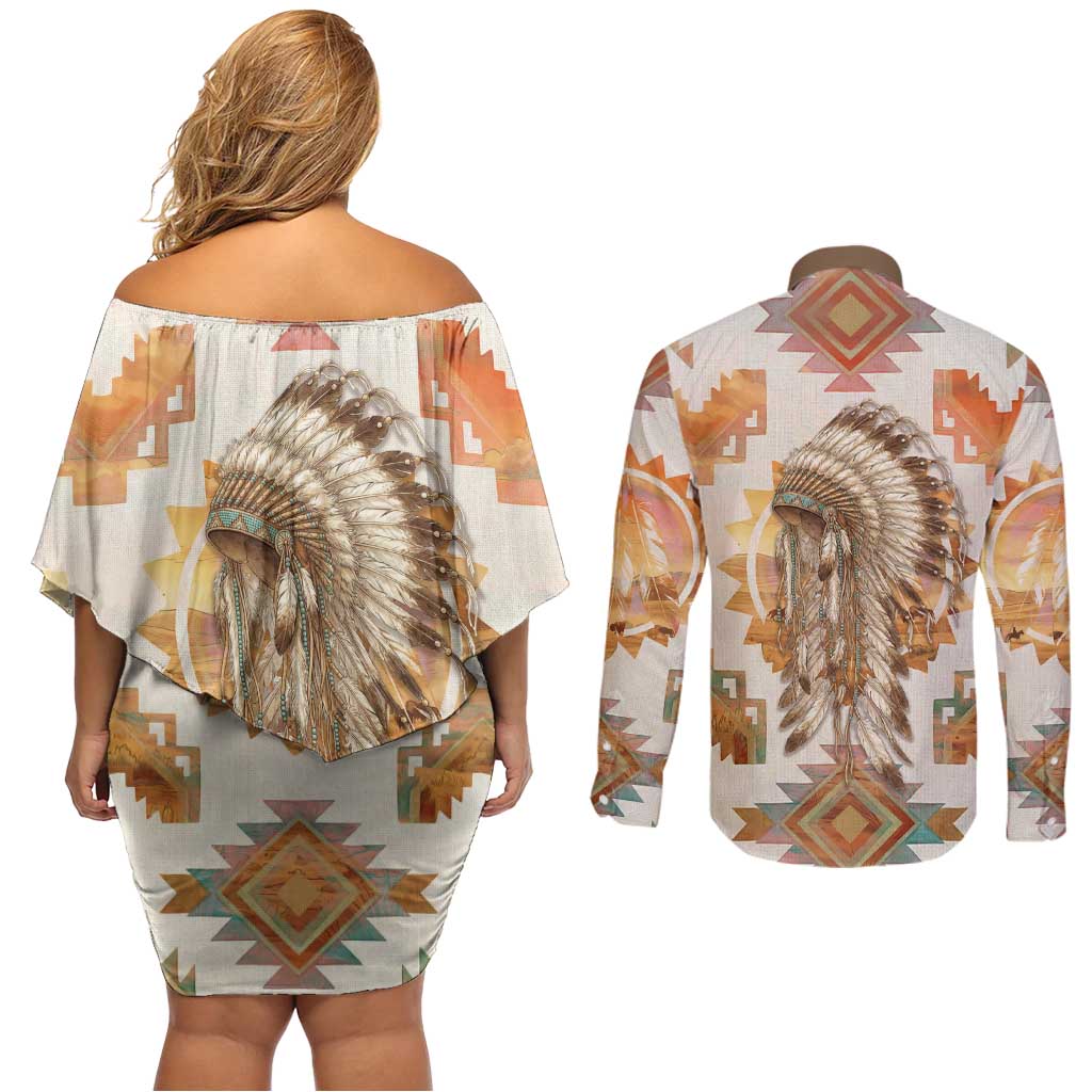 Native American Headdress and Tomahawk Couples Matching Off Shoulder Short Dress and Long Sleeve Button Shirt with 1492 Symbolic Date Traditional Feather Motif Indigenous Heritage - Wonder Print Shop