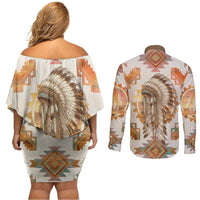 Native American Headdress and Tomahawk Couples Matching Off Shoulder Short Dress and Long Sleeve Button Shirt with 1492 Symbolic Date Traditional Feather Motif Indigenous Heritage - Wonder Print Shop