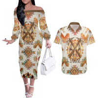 Native American Headdress and Tomahawk Couples Matching Off The Shoulder Long Sleeve Dress and Hawaiian Shirt with 1492 Symbolic Date Traditional Feather Motif Indigenous Heritage - Wonder Print Shop