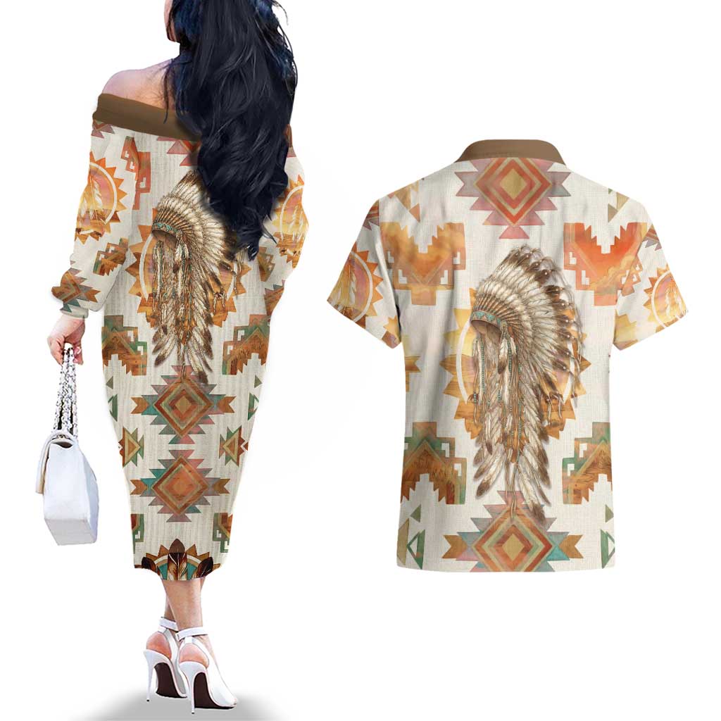 Native American Headdress and Tomahawk Couples Matching Off The Shoulder Long Sleeve Dress and Hawaiian Shirt with 1492 Symbolic Date Traditional Feather Motif Indigenous Heritage - Wonder Print Shop