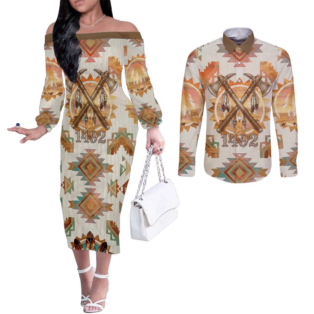 Native American Headdress and Tomahawk Couples Matching Off The Shoulder Long Sleeve Dress and Long Sleeve Button Shirt with 1492 Symbolic Date Traditional Feather Motif Indigenous Heritage - Wonder Print Shop