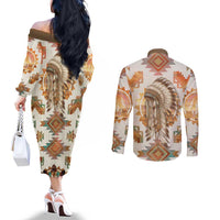Native American Headdress and Tomahawk Couples Matching Off The Shoulder Long Sleeve Dress and Long Sleeve Button Shirt with 1492 Symbolic Date Traditional Feather Motif Indigenous Heritage - Wonder Print Shop