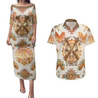 Native American Headdress and Tomahawk Couples Matching Puletasi and Hawaiian Shirt with 1492 Symbolic Date Traditional Feather Motif Indigenous Heritage - Wonder Print Shop