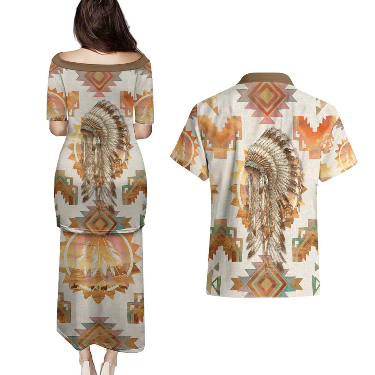 Native American Headdress and Tomahawk Couples Matching Puletasi and Hawaiian Shirt with 1492 Symbolic Date Traditional Feather Motif Indigenous Heritage - Wonder Print Shop