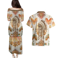 Native American Headdress and Tomahawk Couples Matching Puletasi and Hawaiian Shirt with 1492 Symbolic Date Traditional Feather Motif Indigenous Heritage - Wonder Print Shop
