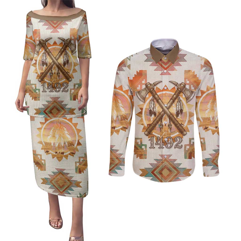 Native American Headdress and Tomahawk Couples Matching Puletasi and Long Sleeve Button Shirt with 1492 Symbolic Date Traditional Feather Motif Indigenous Heritage - Wonder Print Shop