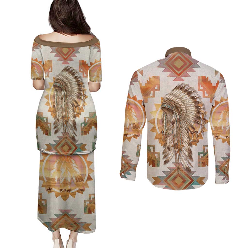Native American Headdress and Tomahawk Couples Matching Puletasi and Long Sleeve Button Shirt with 1492 Symbolic Date Traditional Feather Motif Indigenous Heritage - Wonder Print Shop