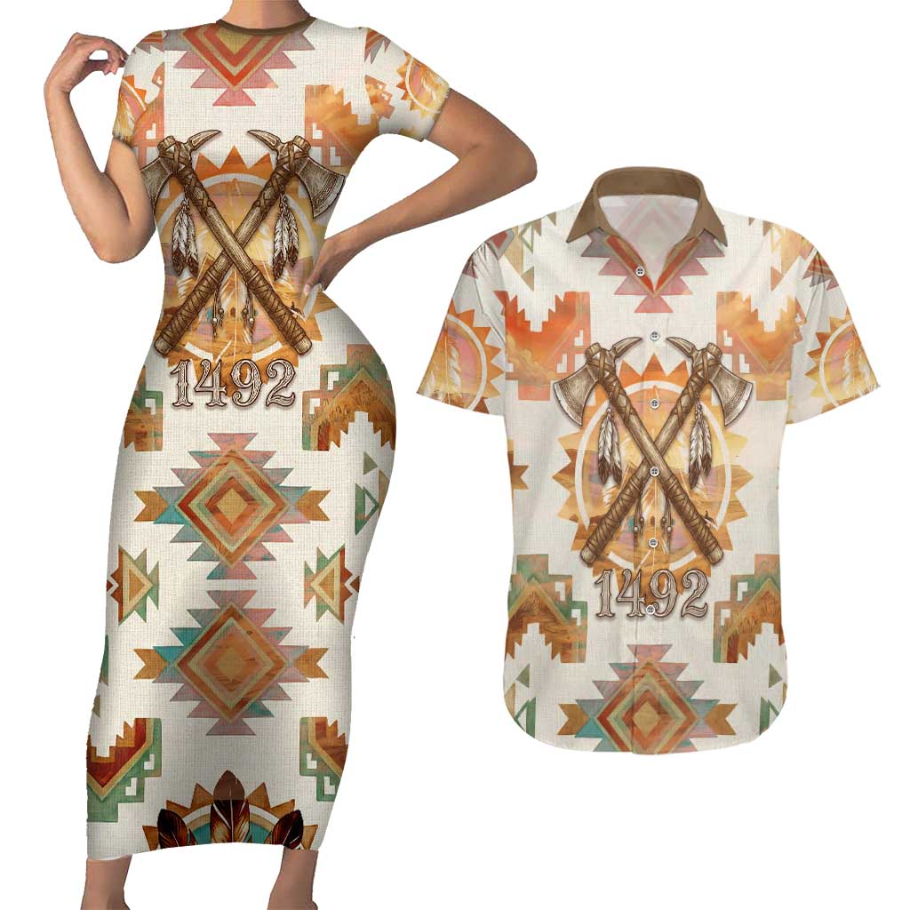 Native American Headdress and Tomahawk Couples Matching Short Sleeve Bodycon Dress and Hawaiian Shirt with 1492 Symbolic Date Traditional Feather Motif Indigenous Heritage - Wonder Print Shop