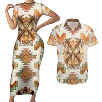 Native American Headdress and Tomahawk Couples Matching Short Sleeve Bodycon Dress and Hawaiian Shirt with 1492 Symbolic Date Traditional Feather Motif Indigenous Heritage - Wonder Print Shop