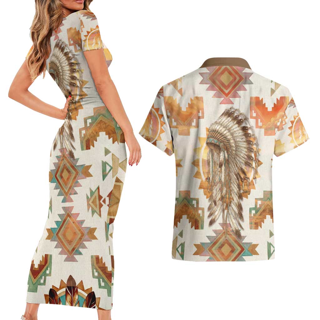 Native American Headdress and Tomahawk Couples Matching Short Sleeve Bodycon Dress and Hawaiian Shirt with 1492 Symbolic Date Traditional Feather Motif Indigenous Heritage - Wonder Print Shop