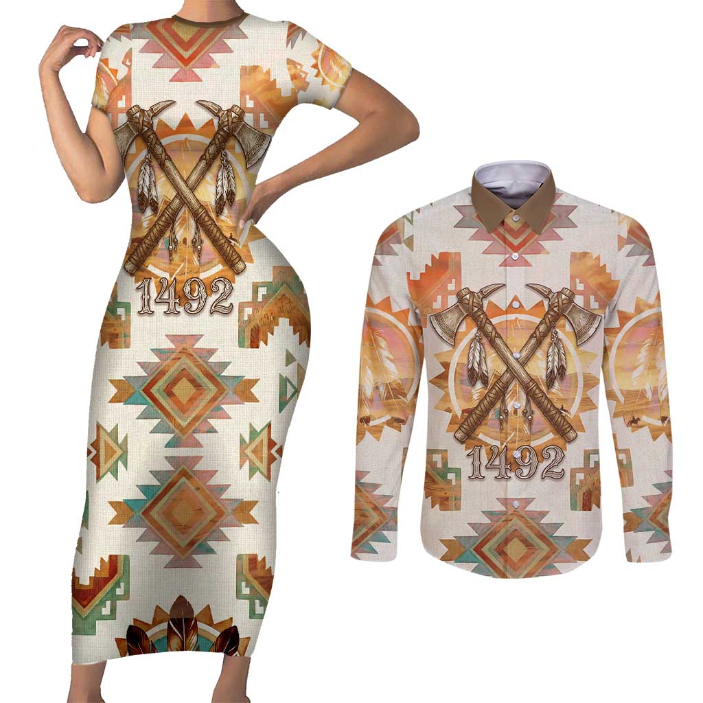 Native American Headdress and Tomahawk Couples Matching Short Sleeve Bodycon Dress and Long Sleeve Button Shirt with 1492 Symbolic Date Traditional Feather Motif Indigenous Heritage - Wonder Print Shop