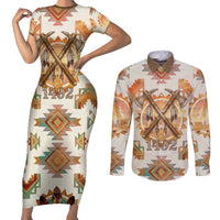 Native American Headdress and Tomahawk Couples Matching Short Sleeve Bodycon Dress and Long Sleeve Button Shirt with 1492 Symbolic Date Traditional Feather Motif Indigenous Heritage - Wonder Print Shop