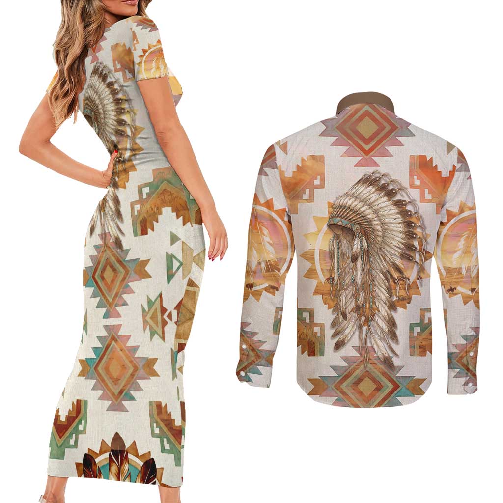 Native American Headdress and Tomahawk Couples Matching Short Sleeve Bodycon Dress and Long Sleeve Button Shirt with 1492 Symbolic Date Traditional Feather Motif Indigenous Heritage - Wonder Print Shop