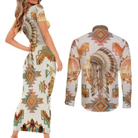 Native American Headdress and Tomahawk Couples Matching Short Sleeve Bodycon Dress and Long Sleeve Button Shirt with 1492 Symbolic Date Traditional Feather Motif Indigenous Heritage - Wonder Print Shop