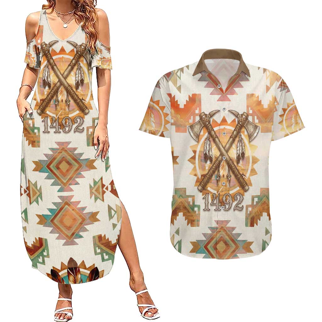 Native American Headdress and Tomahawk Couples Matching Summer Maxi Dress and Hawaiian Shirt with 1492 Symbolic Date Traditional Feather Motif Indigenous Heritage - Wonder Print Shop