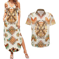 Native American Headdress and Tomahawk Couples Matching Summer Maxi Dress and Hawaiian Shirt with 1492 Symbolic Date Traditional Feather Motif Indigenous Heritage - Wonder Print Shop
