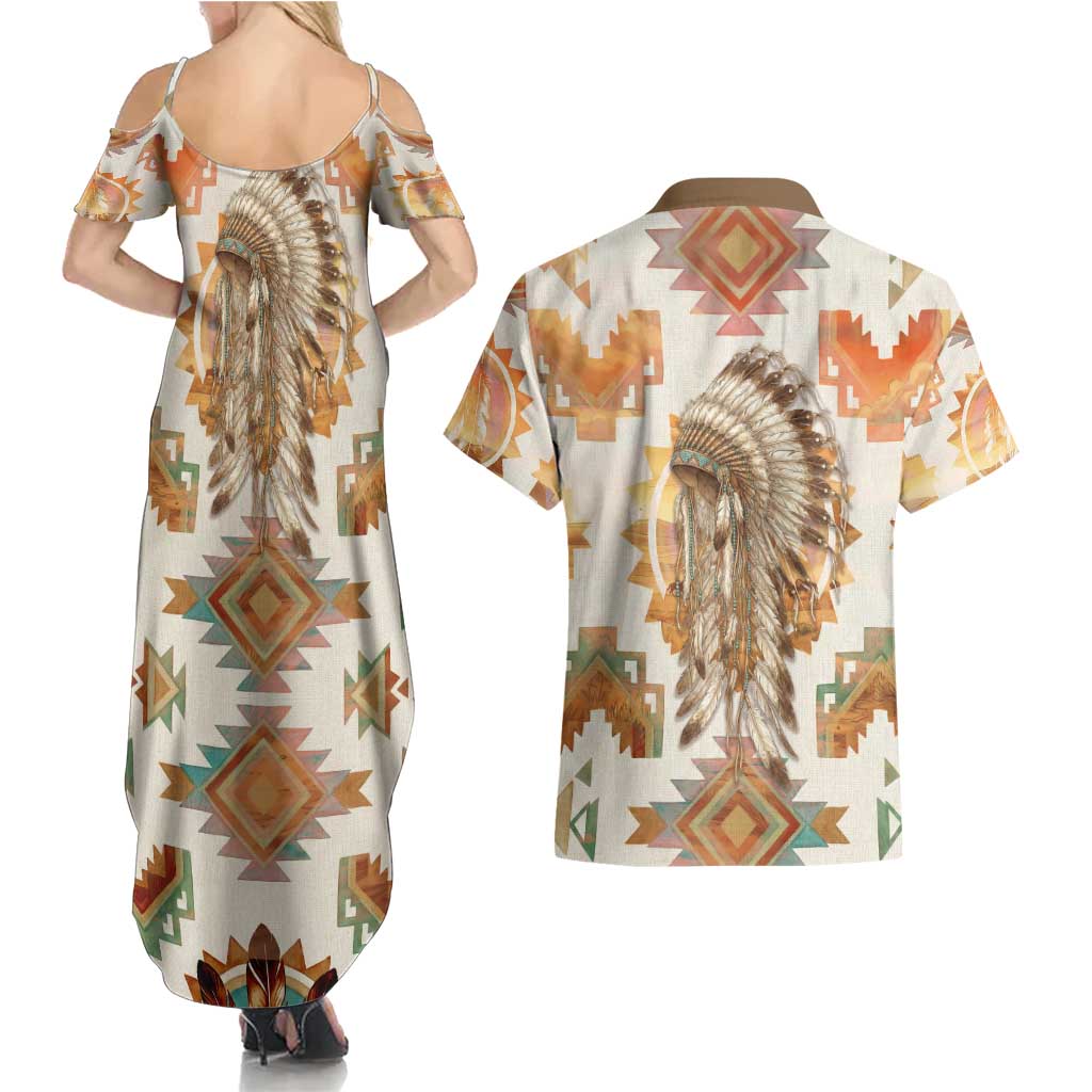 Native American Headdress and Tomahawk Couples Matching Summer Maxi Dress and Hawaiian Shirt with 1492 Symbolic Date Traditional Feather Motif Indigenous Heritage - Wonder Print Shop