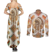 Native American Headdress and Tomahawk Couples Matching Summer Maxi Dress and Long Sleeve Button Shirt with 1492 Symbolic Date Traditional Feather Motif Indigenous Heritage - Wonder Print Shop