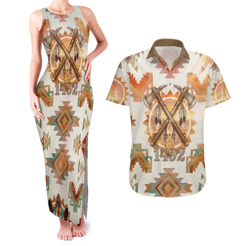 Native American Headdress and Tomahawk Couples Matching Tank Maxi Dress and Hawaiian Shirt with 1492 Symbolic Date Traditional Feather Motif Indigenous Heritage - Wonder Print Shop