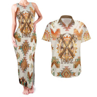 Native American Headdress and Tomahawk Couples Matching Tank Maxi Dress and Hawaiian Shirt with 1492 Symbolic Date Traditional Feather Motif Indigenous Heritage - Wonder Print Shop