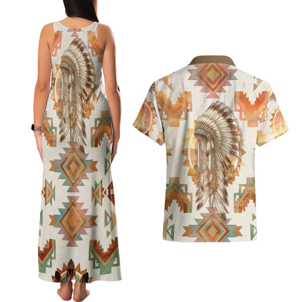 Native American Headdress and Tomahawk Couples Matching Tank Maxi Dress and Hawaiian Shirt with 1492 Symbolic Date Traditional Feather Motif Indigenous Heritage - Wonder Print Shop