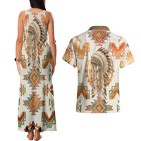 Native American Headdress and Tomahawk Couples Matching Tank Maxi Dress and Hawaiian Shirt with 1492 Symbolic Date Traditional Feather Motif Indigenous Heritage - Wonder Print Shop
