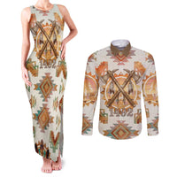 Native American Headdress and Tomahawk Couples Matching Tank Maxi Dress and Long Sleeve Button Shirt with 1492 Symbolic Date Traditional Feather Motif Indigenous Heritage - Wonder Print Shop
