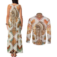 Native American Headdress and Tomahawk Couples Matching Tank Maxi Dress and Long Sleeve Button Shirt with 1492 Symbolic Date Traditional Feather Motif Indigenous Heritage - Wonder Print Shop
