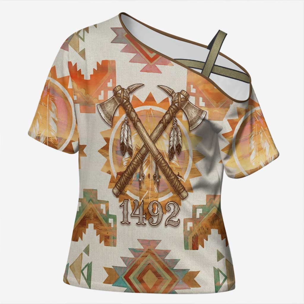 Native American Headdress and Tomahawk Cross Shoulder Shirt with 1492 Symbolic Date Traditional Feather Motif Indigenous Heritage - Wonder Print Shop