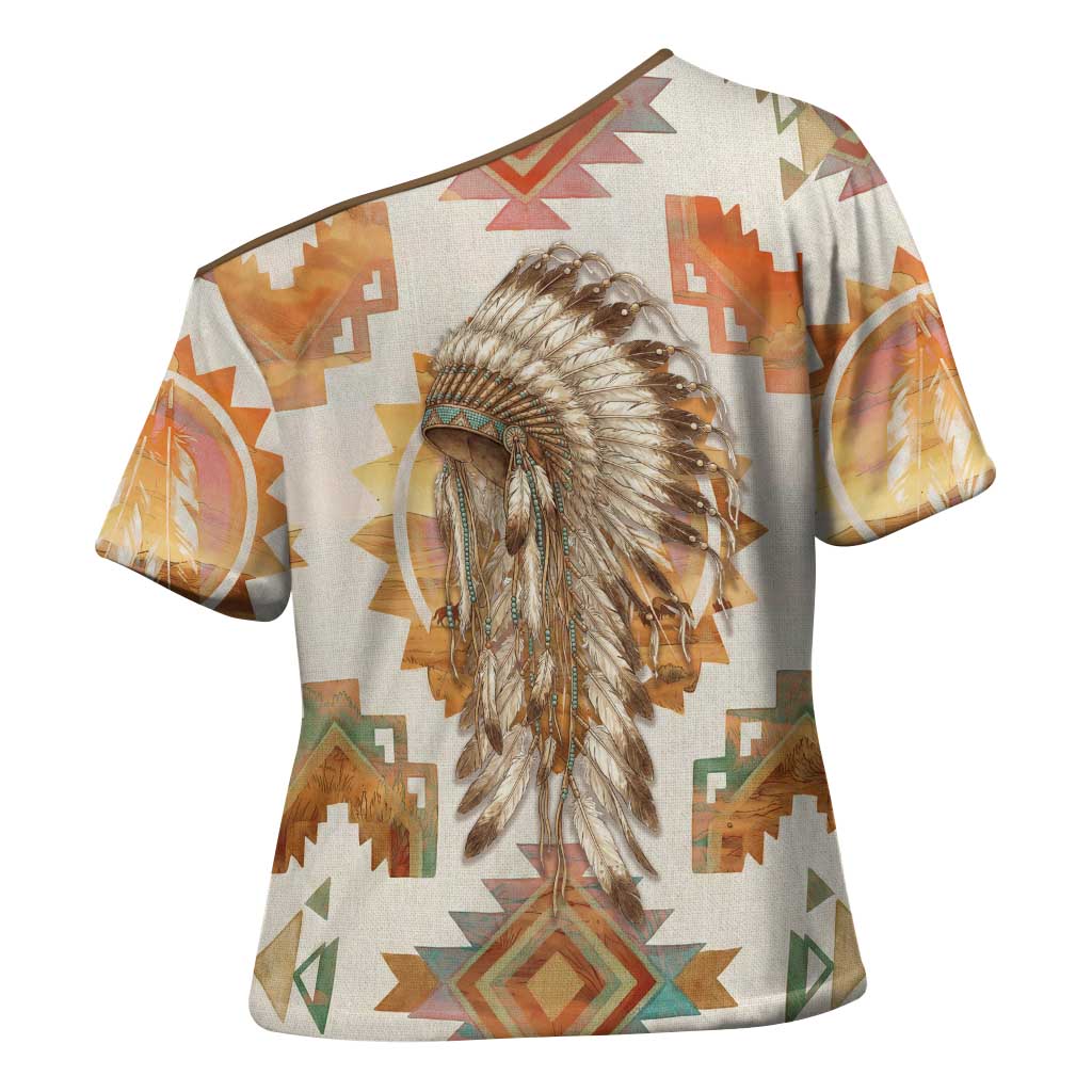Native American Headdress and Tomahawk Cross Shoulder Shirt with 1492 Symbolic Date Traditional Feather Motif Indigenous Heritage - Wonder Print Shop