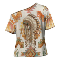 Native American Headdress and Tomahawk Cross Shoulder Shirt with 1492 Symbolic Date Traditional Feather Motif Indigenous Heritage - Wonder Print Shop