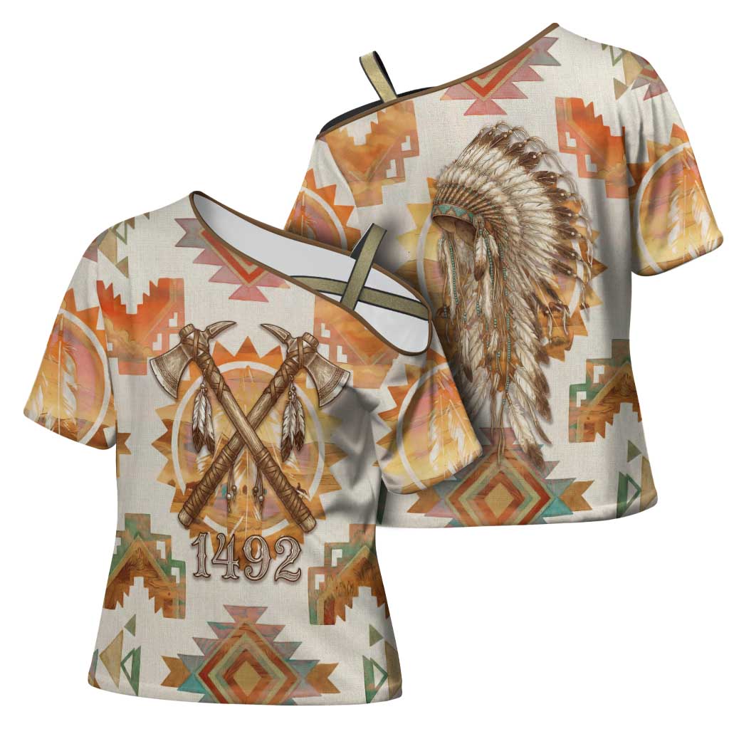 Native American Headdress and Tomahawk Cross Shoulder Shirt with 1492 Symbolic Date Traditional Feather Motif Indigenous Heritage - Wonder Print Shop