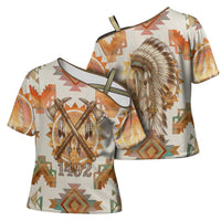 Native American Headdress and Tomahawk Cross Shoulder Shirt with 1492 Symbolic Date Traditional Feather Motif Indigenous Heritage - Wonder Print Shop